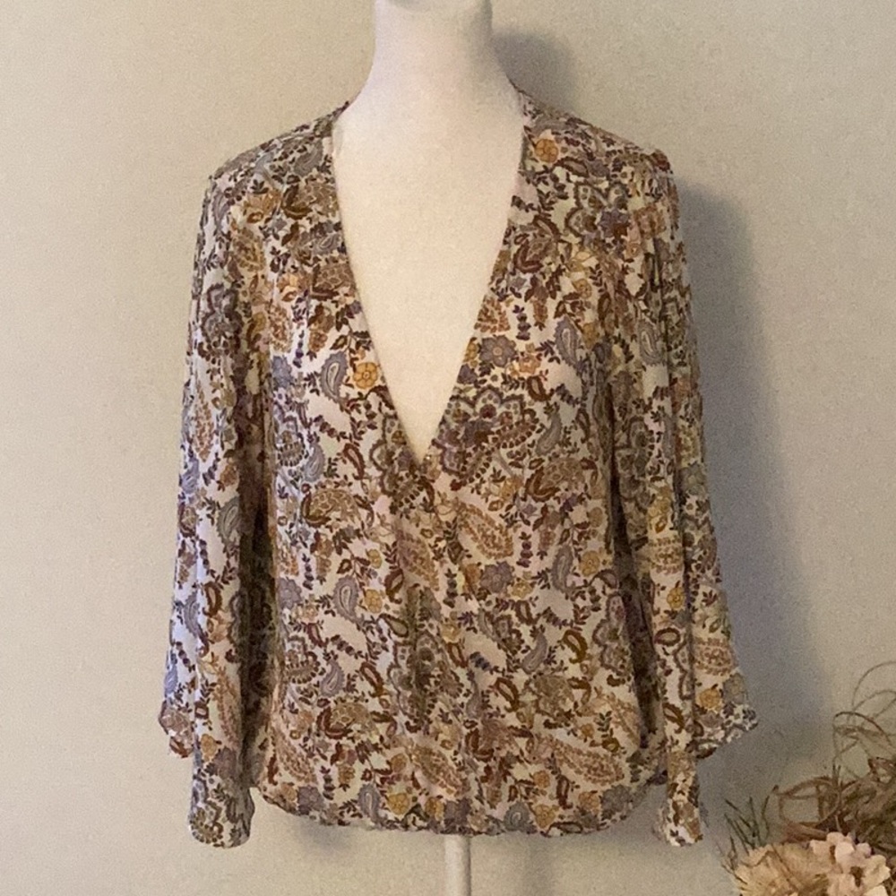 “Sanctuary” Womens blouse with pattern and colors of blue, brown, and yellow